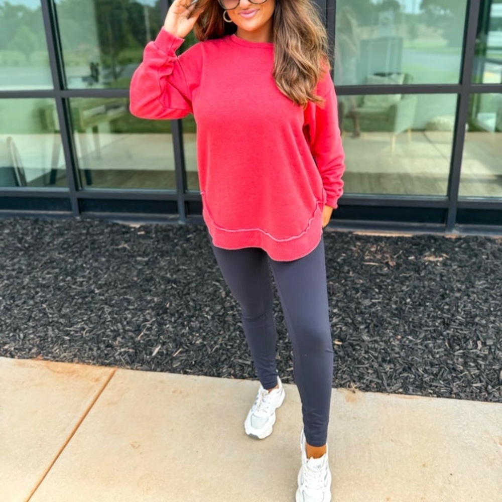 BIRDIE Red Ash Wash Round Hem Pullover